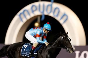 DUBAI, UNITED ARAB EMIRATES - MARCH 25: Christophe Lemaire riding Equinox wins the Longines Dubai Sheema Classic during the Dubai World Cup at Meydan Racecourse on March 25, 2023 in Dubai, United Arab Emirates. (Photo by Christopher Pike/Getty Images)
