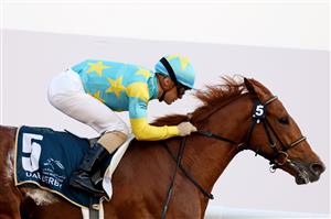 DUBAI, UNITED ARAB EMIRATES - MARCH 25: Christophe Lemaire riding Derma Sotogake wins the UAE Derby during the Dubai World Cup at Meydan Racecourse on March 25, 2023 in Dubai, United Arab Emirates. (Photo by Christopher Pike/Getty Images)