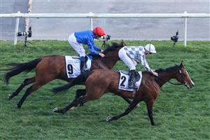 Jockey Ryan Moore on Broome (#2) overtakes William Buick on Siskany to win the Dubai World Cup horse racing event at the Meydan racecourse in Dubai on March 25, 2023. (Photo by Karim SAHIB / AFP) (Photo by KARIM SAHIB/AFP via Getty Images)