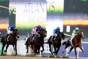DUBAI, UNITED ARAB EMIRATES - MARCH 25: Christophe Lemaire riding Derma Sotogake, right, wins the UAE Derby during the Dubai World Cup at Meydan Racecourse on March 25, 2023 in Dubai, United Arab Emirates. (Photo by Christopher Pike/Getty Images)