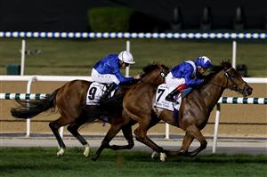 DUBAI, UNITED ARAB EMIRATES - MARCH 25: Lanfranco Dettori riding Lord North wins the Dubai Turf during the Dubai World Cup at Meydan Racecourse on March 25, 2023 in Dubai, United Arab Emirates. (Photo by Christopher Pike/Getty Images)
