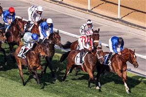 Jockeys compete in the Dubai Gold Cup race during the Dubai World Cup horse racing event at the Meydan racecourse in Dubai on March 25, 2023. (Photo by Karim SAHIB / AFP) / The erroneous mention[s] appearing in the metadata of this photo by Karim SAHIB has been modified in AFP systems in the following manner: [Jockeys compete] instead of [English jockey Ryan Moore, riding on the horse "Broome"]. Please immediately remove the erroneous mention[s] from all your online services and delete it (them) from your servers. If you have been authorized by AFP to distribute it (them) to third parties, please ensure that the same actions are carried out by them. Failure to promptly comply with these instructions will entail liability on your part for any continued or post notification usage. Therefore we thank you very much for all your attention and prompt action. We are sorry for the inconvenience this notification may cause and remain at your disposal for any further information you may require. (Photo by KARIM SAHIB/AFP via Getty Images)