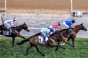 Jockeys compete in the Dubai Gold Cup race during the Dubai World Cup horse racing event at the Meydan racecourse in Dubai on March 25, 2023. (Photo by Karim SAHIB / AFP) / The erroneous mention[s] appearing in the metadata of this photo by Karim SAHIB has been modified in AFP systems in the following manner: [Jockeys compete] instead of [English jockey Ryan Moore, riding on the horse "Broome"]. Please immediately remove the erroneous mention[s] from all your online services and delete it (them) from your servers. If you have been authorized by AFP to distribute it (them) to third parties, please ensure that the same actions are carried out by them. Failure to promptly comply with these instructions will entail liability on your part for any continued or post notification usage. Therefore we thank you very much for all your attention and prompt action. We are sorry for the inconvenience this notification may cause and remain at your disposal for any further information you may require. (Photo by KARIM SAHIB/AFP via Getty Images)