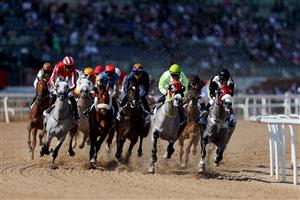DUBAI, UNITED ARAB EMIRATES - MARCH 25: A general view of race action during the Dubai Kahayla Classic during the Dubai World Cup at Meydan Racecourse on March 25, 2023 in Dubai, United Arab Emirates. (Photo by Christopher Pike/Getty Images)