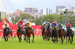 SYDNEY, AUSTRALIA - MARCH 25: Brenton Avdulla riding Roots wins Race 6 Canadian Club Emancipation during Sydney Racing at  Rosehill Gardens on March 25, 2023 in Sydney, Australia. (Photo by Jeremy Ng/Getty Images)