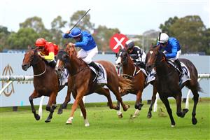 SYDNEY, AUSTRALIA - MARCH 25: Nash Rawiller riding Amur wins Race 2 ACY Securities TL Baillieu during Sydney Racing at Rosehill Gardens on March 25, 2023 in Sydney, Australia. (Photo by Jeremy Ng/Getty Images)