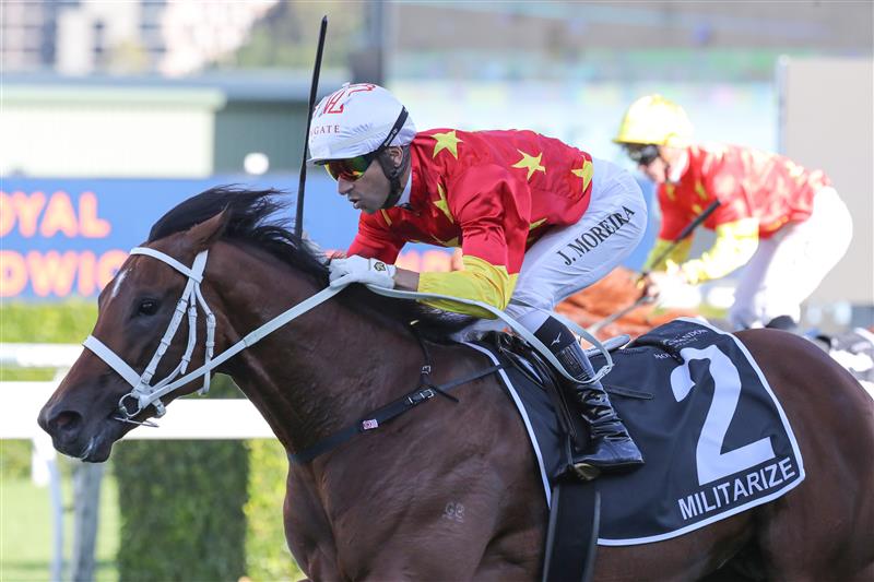 SYDNEY, AUSTRALIA - APRIL 15: Joao Moreira riding Militarize 
 wins Race 7 Moet & Chandon Champagne Stakes during "Schweppes All Aged Stakes Day" - Sydney Racing at Royal Randwick Racecourse on April 15, 2023 in Sydney, Australia. (Photo by Jeremy Ng/Getty Images)