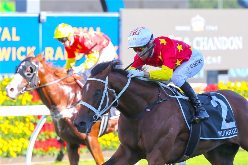 SYDNEY, AUSTRALIA - APRIL 15: Joao Moreira riding Militarize 
 wins Race 7 Moet & Chandon Champagne Stakes during "Schweppes All Aged Stakes Day" - Sydney Racing at Royal Randwick Racecourse on April 15, 2023 in Sydney, Australia. (Photo by Jeremy Ng/Getty Images)