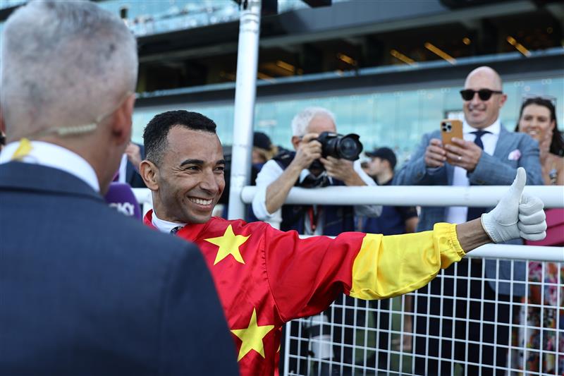 SYDNEY, AUSTRALIA - APRIL 15: Joao Moreira riding Militarize 
 wins Race 7 Moet & Chandon Champagne Stakes during "Schweppes All Aged Stakes Day" - Sydney Racing at Royal Randwick Racecourse on April 15, 2023 in Sydney, Australia. (Photo by Jeremy Ng/Getty Images)
