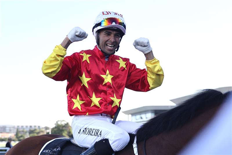 SYDNEY, AUSTRALIA - APRIL 15: Joao Moreira riding Militarize 
 wins Race 7 Moet & Chandon Champagne Stakes during "Schweppes All Aged Stakes Day" - Sydney Racing at Royal Randwick Racecourse on April 15, 2023 in Sydney, Australia. (Photo by Jeremy Ng/Getty Images)