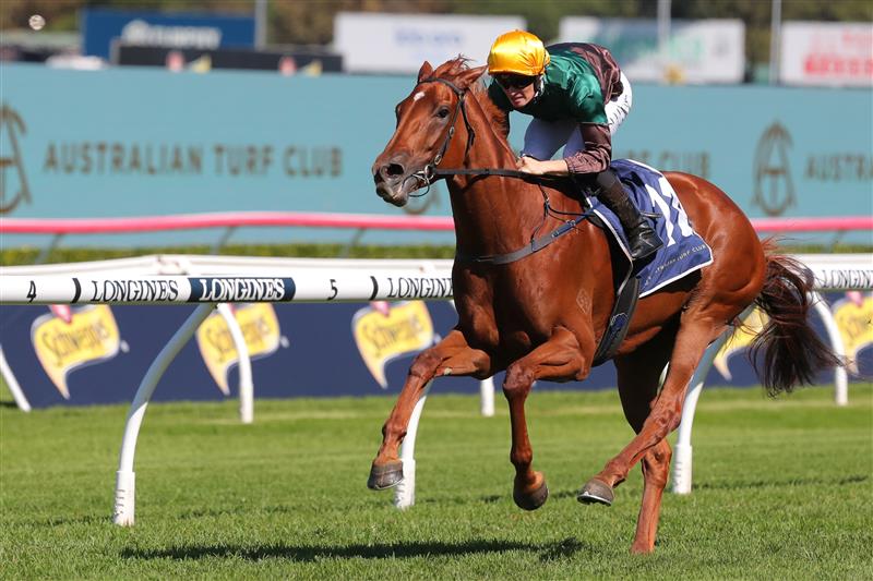 SYDNEY, AUSTRALIA - APRIL 15: Tom Sherry riding Mayrose wins Race 3 Midway during "Schweppes All Aged Stakes Day" - Sydney Racing at Royal Randwick Racecourse on April 15, 2023 in Sydney, Australia. (Photo by Jeremy Ng/Getty Images)