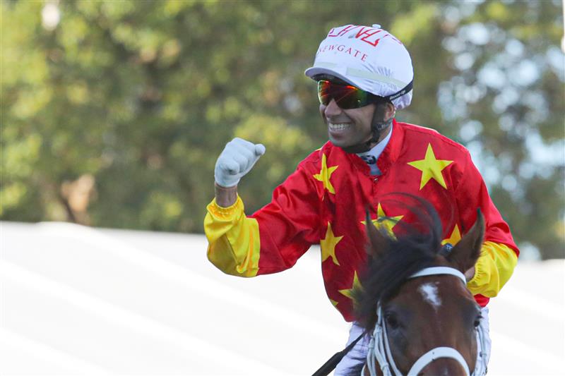 SYDNEY, AUSTRALIA - APRIL 15: Joao Moreira riding Militarize 
 wins Race 7 Moet & Chandon Champagne Stakes during "Schweppes All Aged Stakes Day" - Sydney Racing at Royal Randwick Racecourse on April 15, 2023 in Sydney, Australia. (Photo by Jeremy Ng/Getty Images)