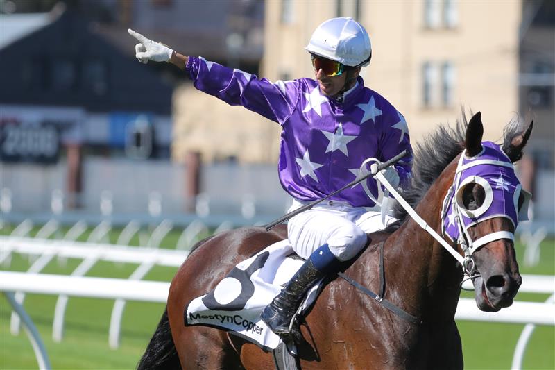 SYDNEY, AUSTRALIA - APRIL 15: Joao Moreira riding Olentia wins Race 4 Mostyncopper James H B Carr during "Schweppes All Aged Stakes Day" - Sydney Racing at Royal Randwick Racecourse on April 15, 2023 in Sydney, Australia. (Photo by Jeremy Ng/Getty Images)