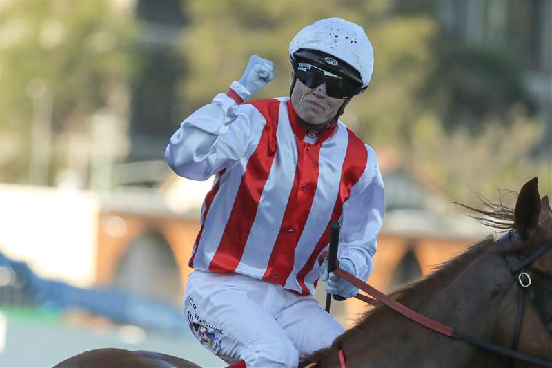 SYDNEY, AUSTRALIA - APRIL 15:  Craig Williams riding Giga Kick wins Race 8 Schweppes All Aged Stakes during "Schweppes All Aged Stakes Day" - Sydney Racing at Royal Randwick Racecourse on April 15, 2023 in Sydney, Australia. (Photo by Jeremy Ng/Getty Images)
