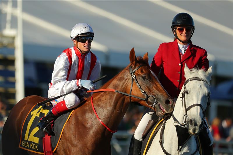 SYDNEY, AUSTRALIA - APRIL 15:  Craig Williams riding Giga Kick wins Race 8 Schweppes All Aged Stakes during "Schweppes All Aged Stakes Day" - Sydney Racing at Royal Randwick Racecourse on April 15, 2023 in Sydney, Australia. (Photo by Jeremy Ng/Getty Images)