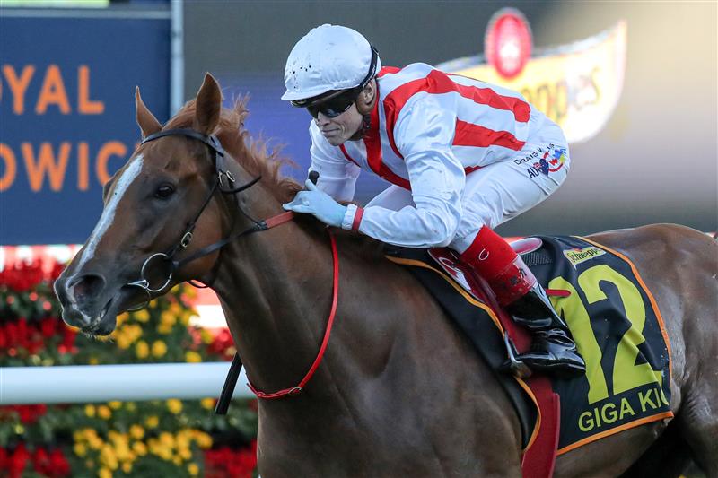 SYDNEY, AUSTRALIA - APRIL 15:  Craig Williams riding Giga Kick wins Race 8 Schweppes All Aged Stakes during "Schweppes All Aged Stakes Day" - Sydney Racing at Royal Randwick Racecourse on April 15, 2023 in Sydney, Australia. (Photo by Jeremy Ng/Getty Images)