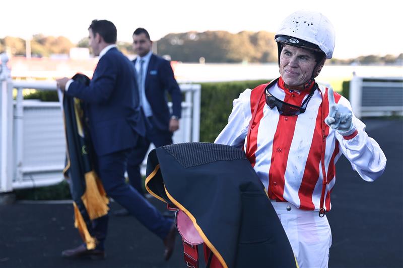 SYDNEY, AUSTRALIA - APRIL 15:  Craig Williams riding Giga Kick wins Race 8 Schweppes All Aged Stakes during "Schweppes All Aged Stakes Day" - Sydney Racing at Royal Randwick Racecourse on April 15, 2023 in Sydney, Australia. (Photo by Jeremy Ng/Getty Images)