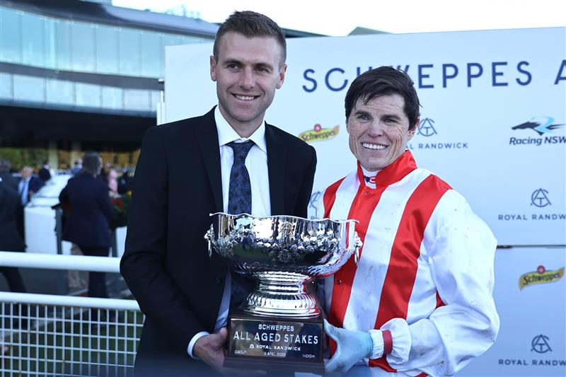 SYDNEY, AUSTRALIA - APRIL 15:  Craig Williams riding Giga Kick wins Race 8 Schweppes All Aged Stakes during "Schweppes All Aged Stakes Day" - Sydney Racing at Royal Randwick Racecourse on April 15, 2023 in Sydney, Australia. (Photo by Jeremy Ng/Getty Images)