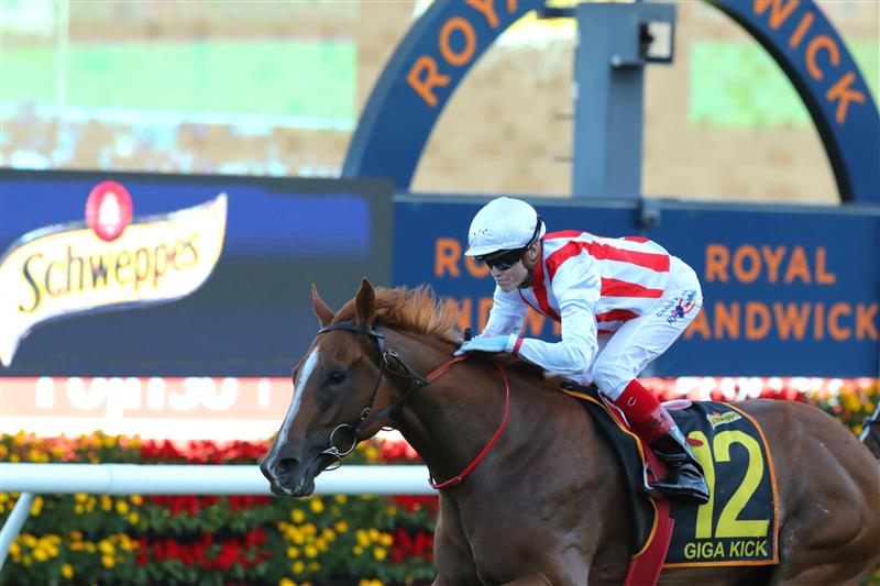 SYDNEY, AUSTRALIA - APRIL 15:  Craig Williams riding Giga Kick wins Race 8 Schweppes All Aged Stakes during "Schweppes All Aged Stakes Day" - Sydney Racing at Royal Randwick Racecourse on April 15, 2023 in Sydney, Australia. (Photo by Jeremy Ng/Getty Images)