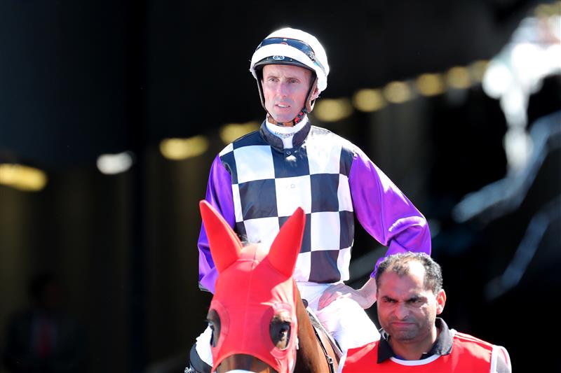 SYDNEY, AUSTRALIA - APRIL 15: Nash Rawiller riding Osipenko prepares for Race 1 Toyota Forklifts Frank Packer during "Schweppes All Aged Stakes Day" - Sydney Racing at Royal Randwick Racecourse on April 15, 2023 in Sydney, Australia. (Photo by Jeremy Ng/Getty Images)