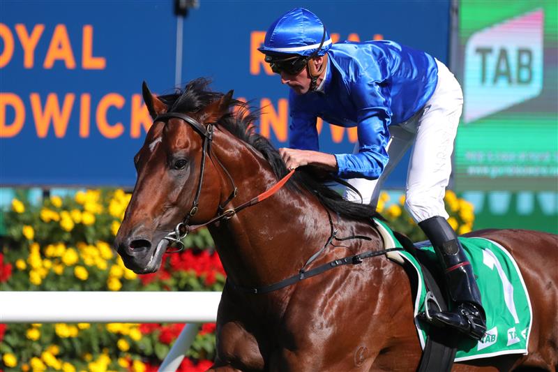 SYDNEY, AUSTRALIA - APRIL 15: Nash Rawiller riding Vilana wins Race 5 TAB Hall Mark Stakes during "Schweppes All Aged Stakes Day" - Sydney Racing at Royal Randwick Racecourse on April 15, 2023 in Sydney, Australia. (Photo by Jeremy Ng/Getty Images)