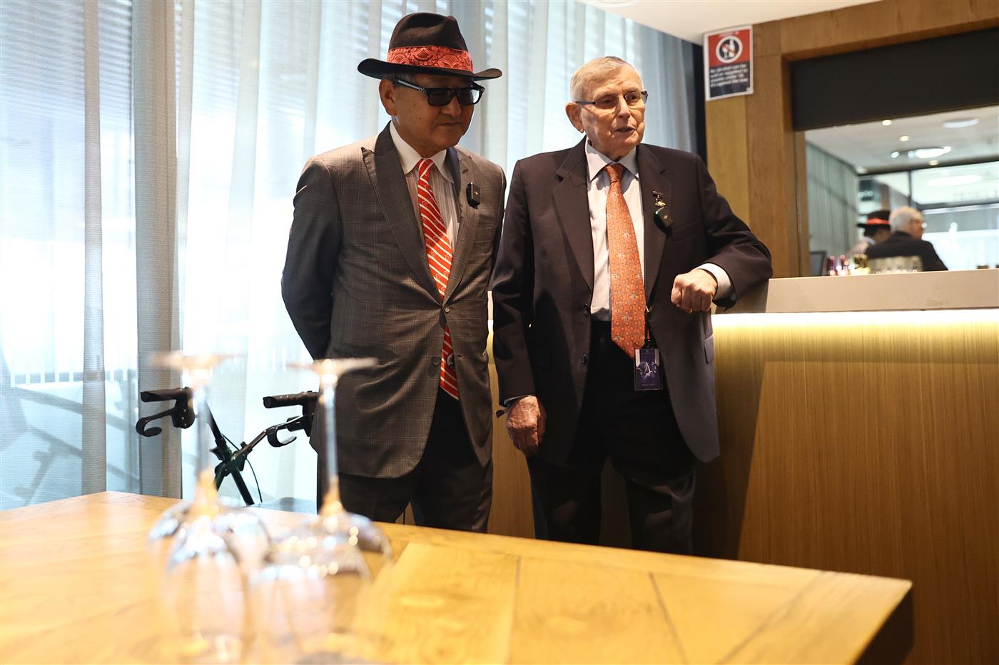 SYDNEY, AUSTRALIA - APRIL 15: (L-R) Trainers Yoshito Yahagi and Neville Begg meet during "Schweppes All Aged Stakes Day" - Sydney Racing at Royal Randwick Racecourse on April 15, 2023 in Sydney, Australia. (Photo by Jeremy Ng/Getty Images)