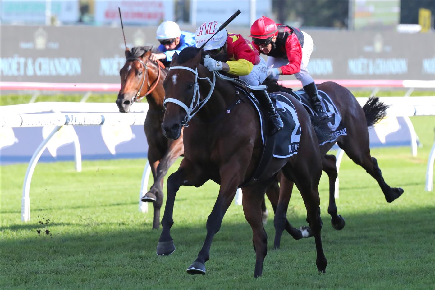 SYDNEY, AUSTRALIA - APRIL 15: Joao Moreira riding Militarize 
 wins Race 7 Moet & Chandon Champagne Stakes during "Schweppes All Aged Stakes Day" - Sydney Racing at Royal Randwick Racecourse on April 15, 2023 in Sydney, Australia. (Photo by Jeremy Ng/Getty Images)