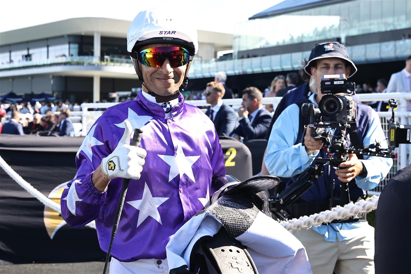 SYDNEY, AUSTRALIA - APRIL 15: Joao Moreira riding Olentia wins Race 4 Mostyncopper James H B Carr during "Schweppes All Aged Stakes Day" - Sydney Racing at Royal Randwick Racecourse on April 15, 2023 in Sydney, Australia. (Photo by Jeremy Ng/Getty Images)