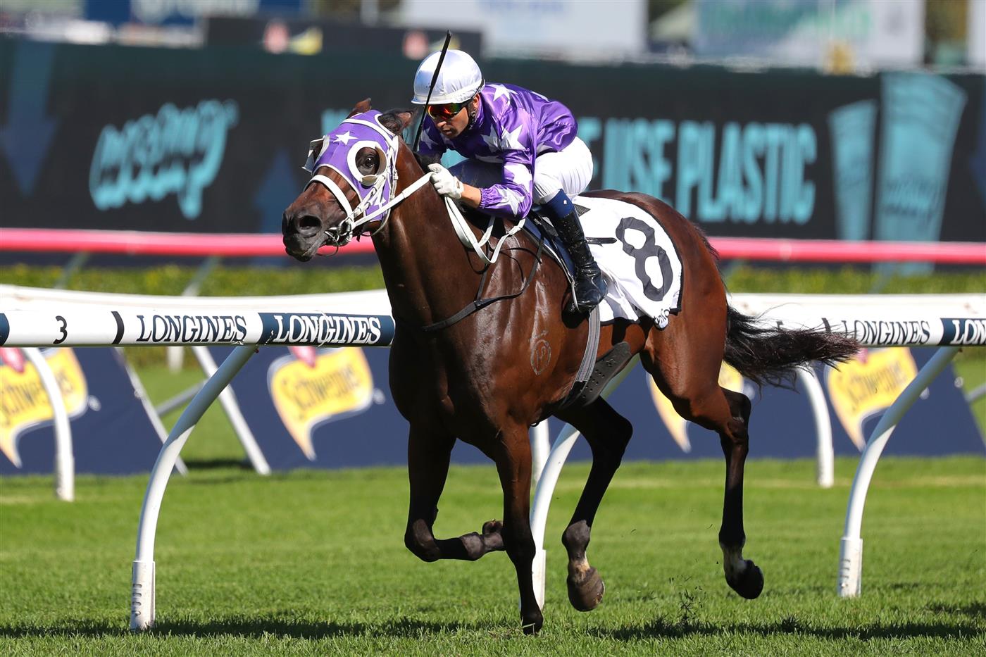SYDNEY, AUSTRALIA - APRIL 15: Joao Moreira riding Olentia wins Race 4 Mostyncopper James H B Carr during "Schweppes All Aged Stakes Day" - Sydney Racing at Royal Randwick Racecourse on April 15, 2023 in Sydney, Australia. (Photo by Jeremy Ng/Getty Images)