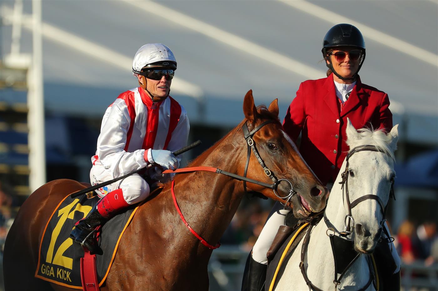 SYDNEY, AUSTRALIA - APRIL 15:  Craig Williams riding Giga Kick wins Race 8 Schweppes All Aged Stakes during "Schweppes All Aged Stakes Day" - Sydney Racing at Royal Randwick Racecourse on April 15, 2023 in Sydney, Australia. (Photo by Jeremy Ng/Getty Images)