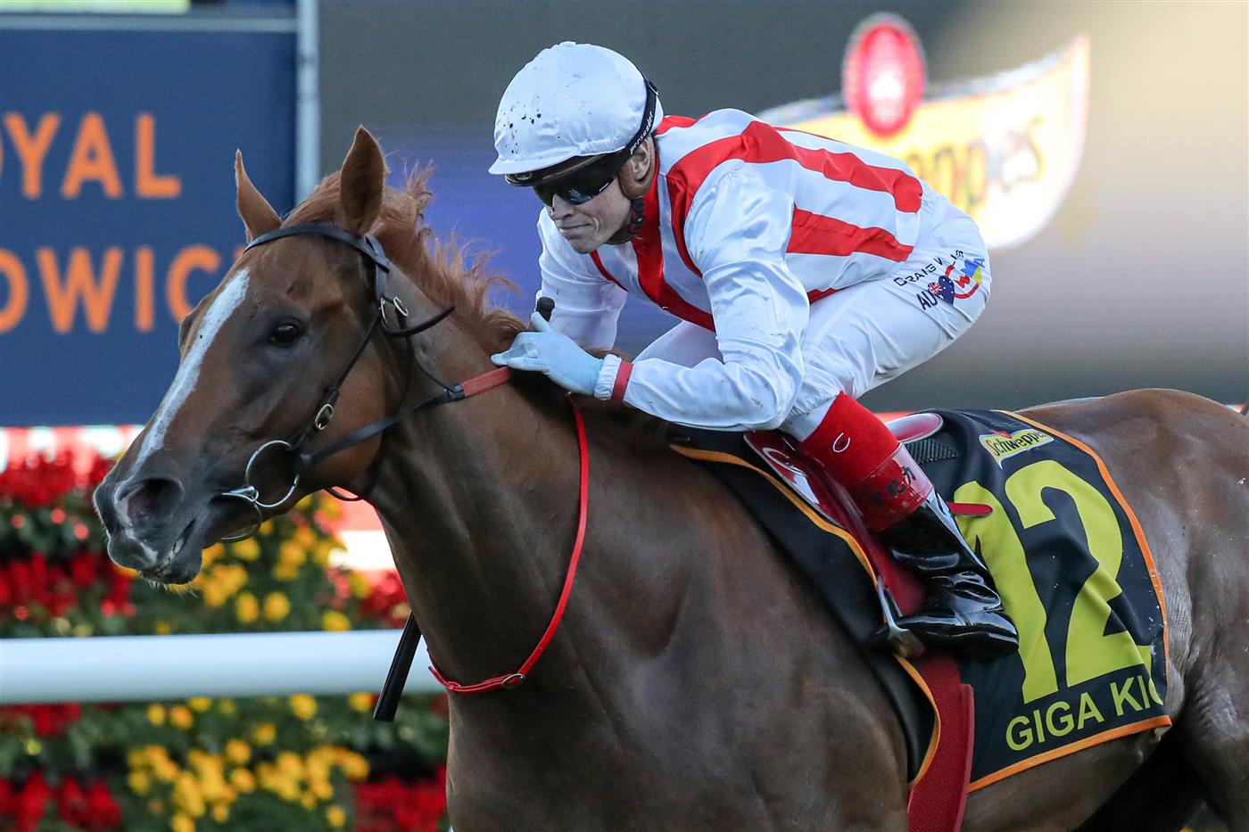SYDNEY, AUSTRALIA - APRIL 15:  Craig Williams riding Giga Kick wins Race 8 Schweppes All Aged Stakes during "Schweppes All Aged Stakes Day" - Sydney Racing at Royal Randwick Racecourse on April 15, 2023 in Sydney, Australia. (Photo by Jeremy Ng/Getty Images)