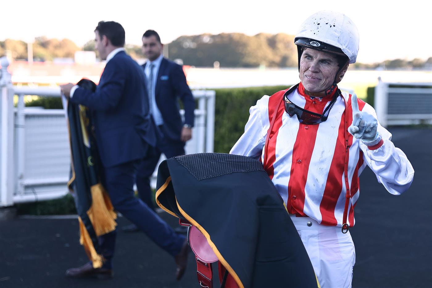 SYDNEY, AUSTRALIA - APRIL 15:  Craig Williams riding Giga Kick wins Race 8 Schweppes All Aged Stakes during "Schweppes All Aged Stakes Day" - Sydney Racing at Royal Randwick Racecourse on April 15, 2023 in Sydney, Australia. (Photo by Jeremy Ng/Getty Images)