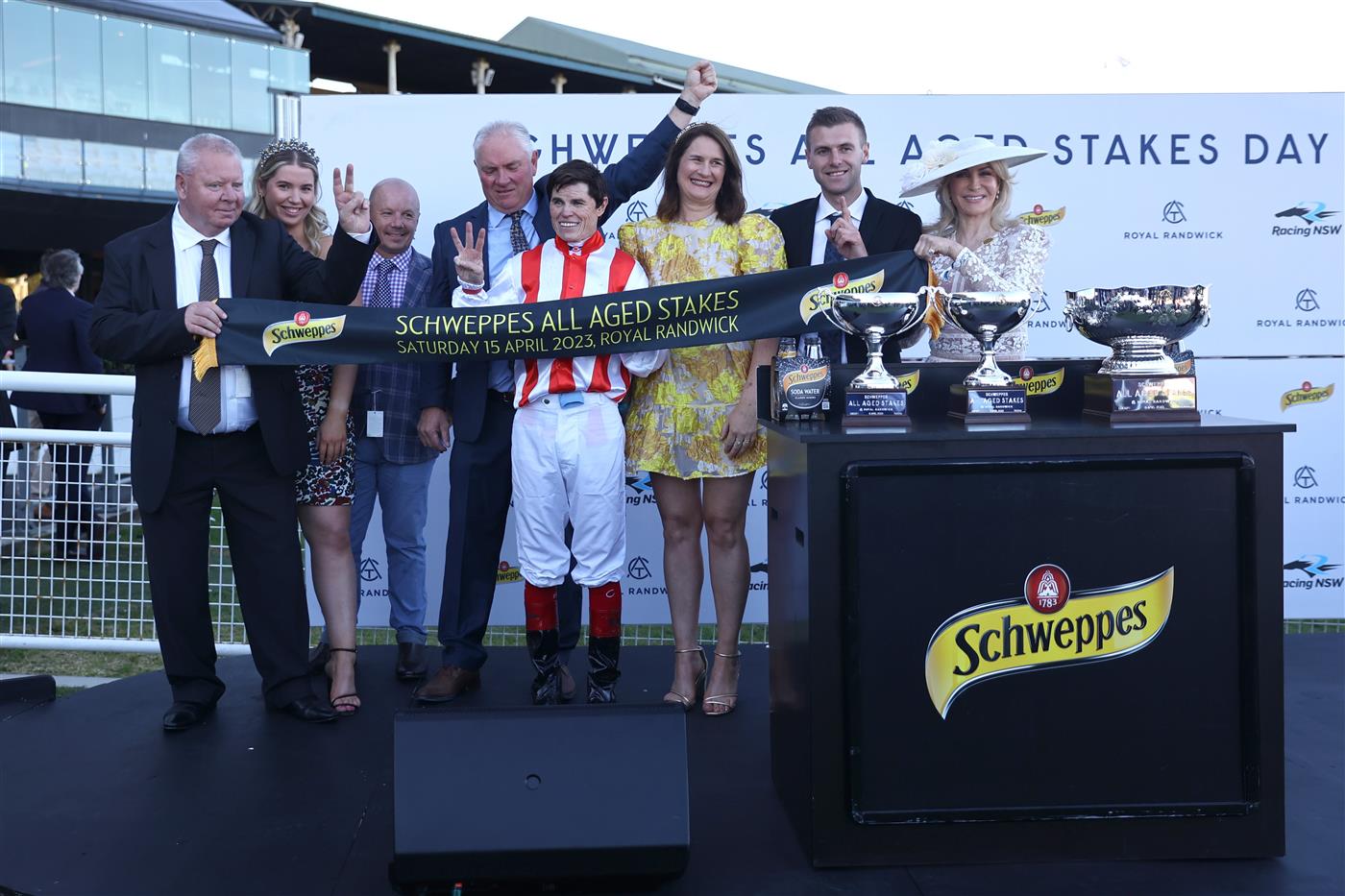 SYDNEY, AUSTRALIA - APRIL 15:  Craig Williams riding Giga Kick wins Race 8 Schweppes All Aged Stakes during "Schweppes All Aged Stakes Day" - Sydney Racing at Royal Randwick Racecourse on April 15, 2023 in Sydney, Australia. (Photo by Jeremy Ng/Getty Images)