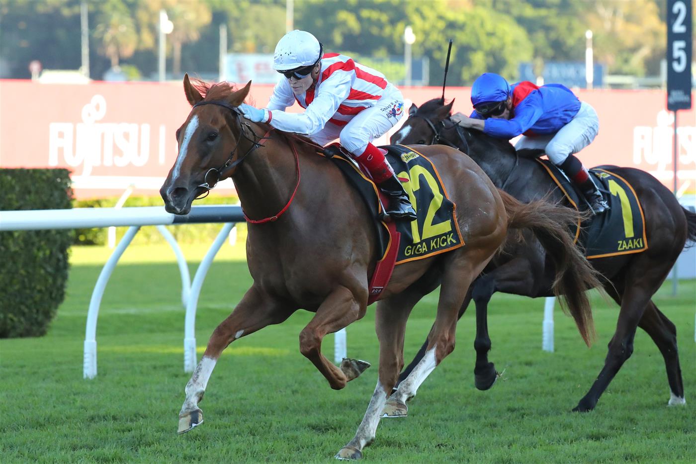 SYDNEY, AUSTRALIA - APRIL 15:  Craig Williams riding Giga Kick wins Race 8 Schweppes All Aged Stakes during "Schweppes All Aged Stakes Day" - Sydney Racing at Royal Randwick Racecourse on April 15, 2023 in Sydney, Australia. (Photo by Jeremy Ng/Getty Images)