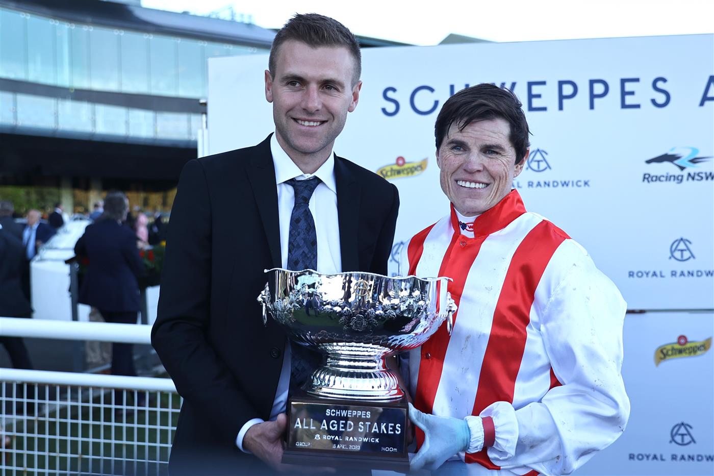 SYDNEY, AUSTRALIA - APRIL 15:  Craig Williams riding Giga Kick wins Race 8 Schweppes All Aged Stakes during "Schweppes All Aged Stakes Day" - Sydney Racing at Royal Randwick Racecourse on April 15, 2023 in Sydney, Australia. (Photo by Jeremy Ng/Getty Images)