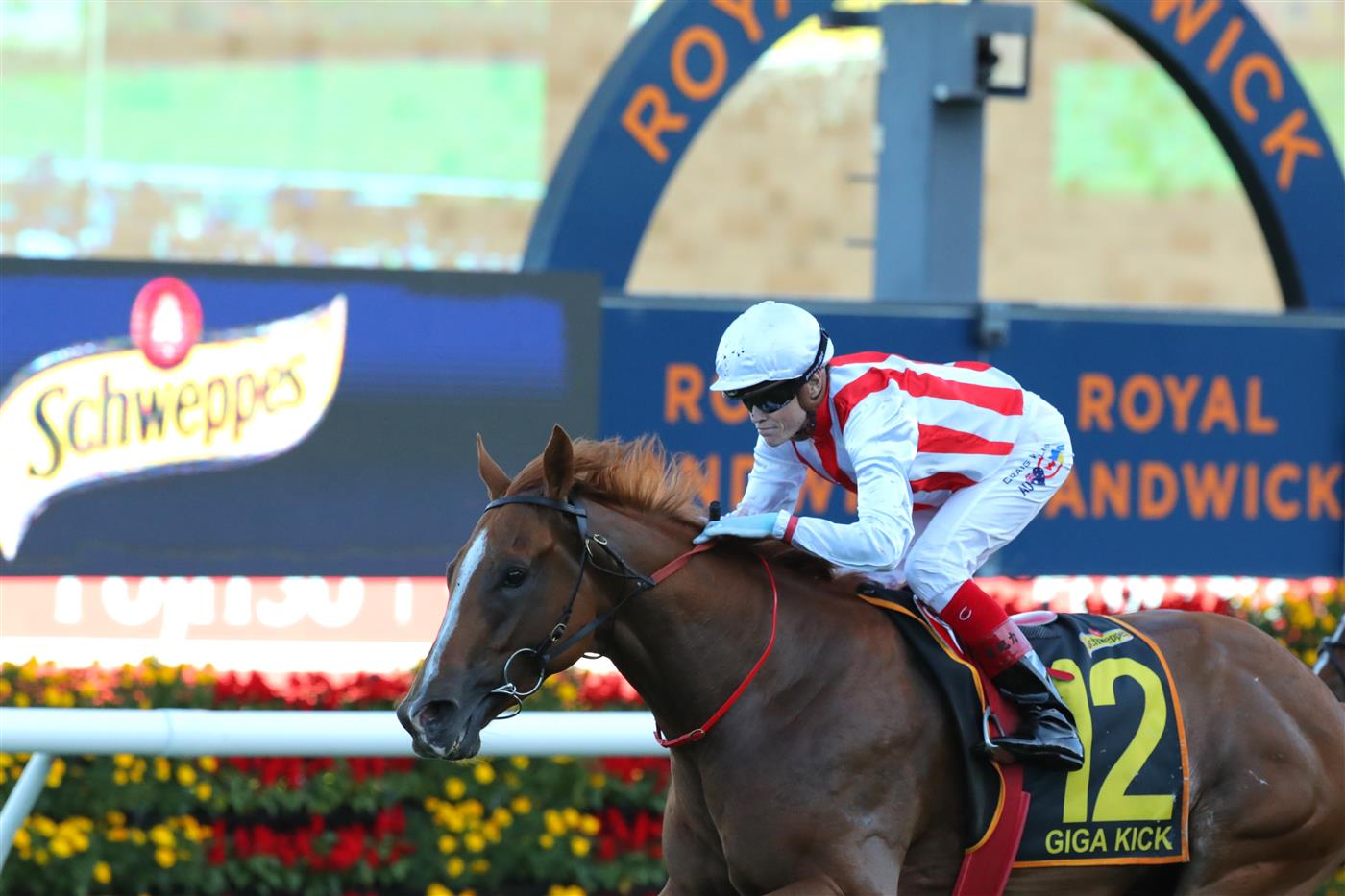 SYDNEY, AUSTRALIA - APRIL 15:  Craig Williams riding Giga Kick wins Race 8 Schweppes All Aged Stakes during "Schweppes All Aged Stakes Day" - Sydney Racing at Royal Randwick Racecourse on April 15, 2023 in Sydney, Australia. (Photo by Jeremy Ng/Getty Images)