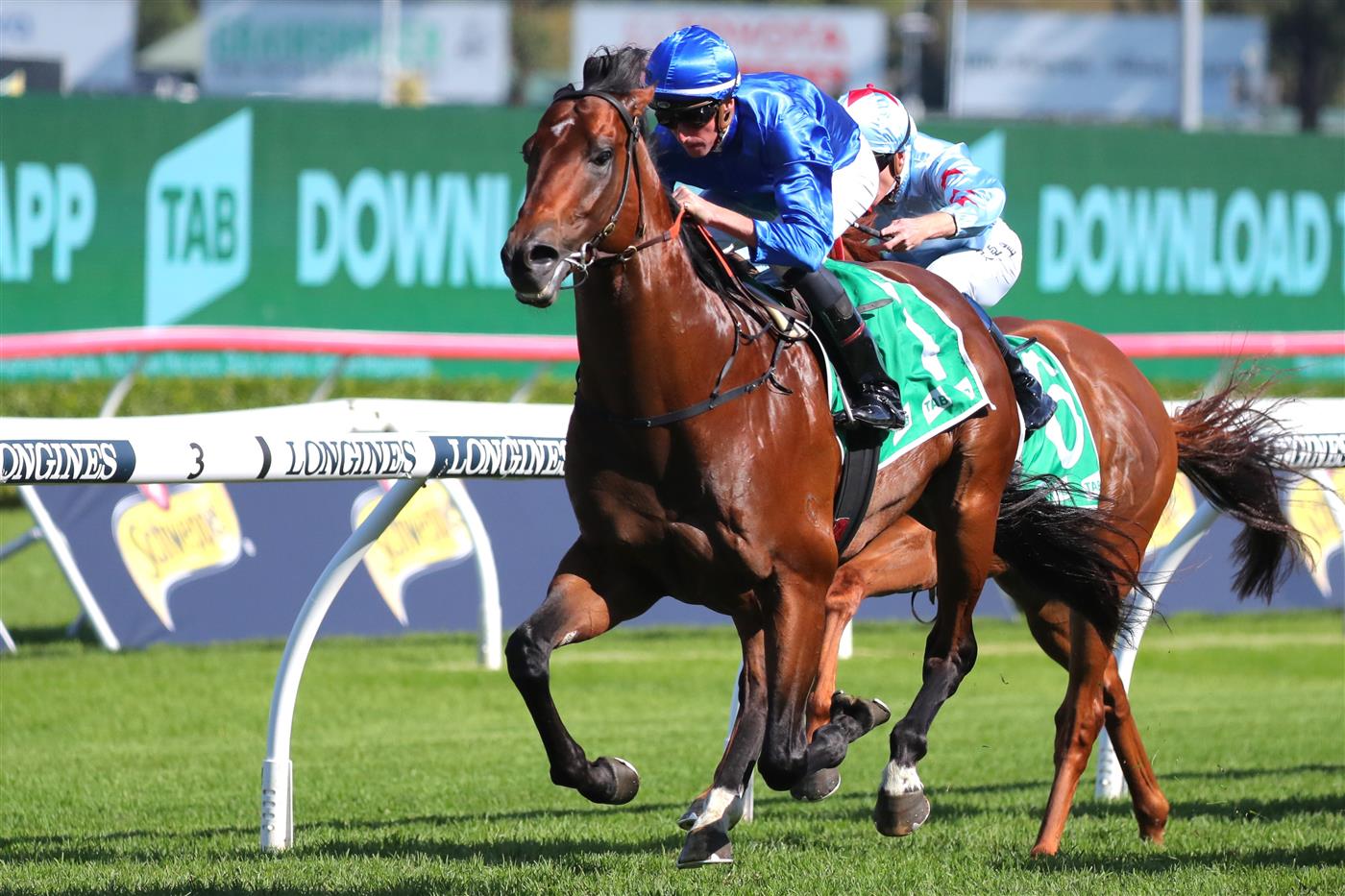 SYDNEY, AUSTRALIA - APRIL 15: Nash Rawiller riding Vilana wins Race 5 TAB Hall Mark Stakes during "Schweppes All Aged Stakes Day" - Sydney Racing at Royal Randwick Racecourse on April 15, 2023 in Sydney, Australia. (Photo by Jeremy Ng/Getty Images)