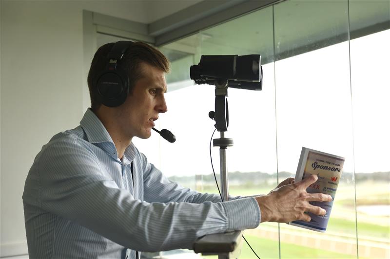 HAWKESBURY, AUSTRALIA - APRIL 22: Race caller Luke Marlow calls Race 3 Midway during Hawkesbury Cup Day Sydney Racing at Hawkesbury Racecourse on April 22, 2023 in Hawkesbury, Australia. (Photo by Jeremy Ng/Getty Images)