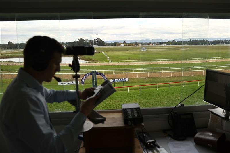 HAWKESBURY, AUSTRALIA - APRIL 22: Race caller Luke Marlow calls Race 3 Midway during Hawkesbury Cup Day Sydney Racing at Hawkesbury Racecourse on April 22, 2023 in Hawkesbury, Australia. (Photo by Jeremy Ng/Getty Images)