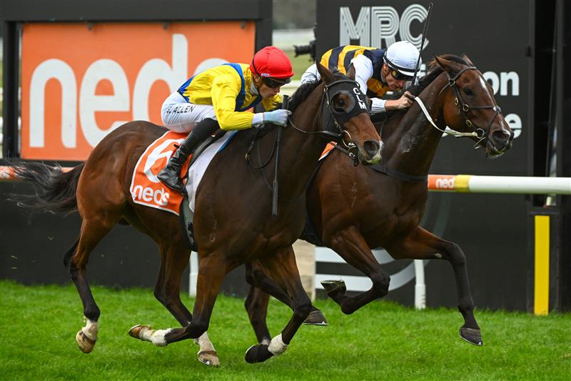 MORNINGTON, AUSTRALIA - APRIL 22: Ben Allen riding Right You Are defeats Blake Shinn riding Hezashocka in Race 8, the Neds Mornington Cup, during Melbourne Racing at Mornington Racecourse on April 22, 2023 in Mornington, Australia. (Photo by Vince Caligiuri/Getty Images)