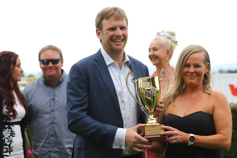 HAWKESBURY, AUSTRALIA - APRIL 22: Trainer Bjorn Baker celebrates as Joshua Parr riding Malkovich wins Race 6 Hawkesbury XXXX Gold Rush  during Hawkesbury Cup Day Sydney Racing at Hawkesbury Racecourse on April 22, 2023 in Hawkesbury, Australia. (Photo by Jeremy Ng/Getty Images)