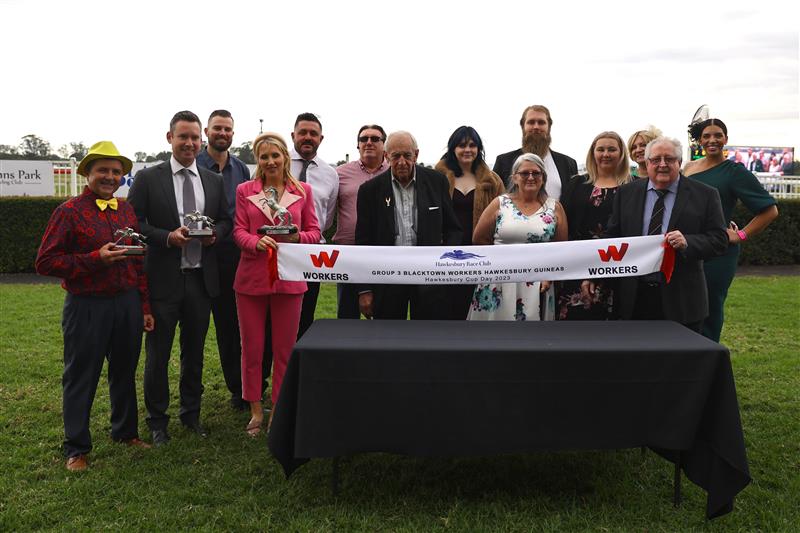 HAWKESBURY, AUSTRALIA - APRIL 22: VIPs and connections celebrate as Nash Rawiller riding Hawaii Five Oh wins Race 7 Blacktown Workers Hawkesbury Guineas during Hawkesbury Cup Day Sydney Racing at Hawkesbury Racecourse on April 22, 2023 in Hawkesbury, Australia. (Photo by Jeremy Ng/Getty Images)