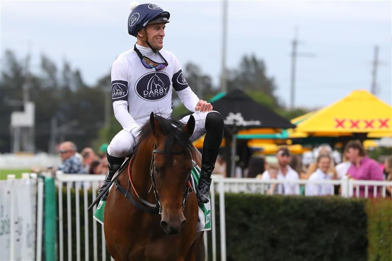 HAWKESBURY, AUSTRALIA - APRIL 22: Joshua Parr riding Malkovich  wins Race 6 Hawkesbury XXXX Gold Rush  during Hawkesbury Cup Day Sydney Racing at Hawkesbury Racecourse on April 22, 2023 in Hawkesbury, Australia. (Photo by Jeremy Ng/Getty Images)