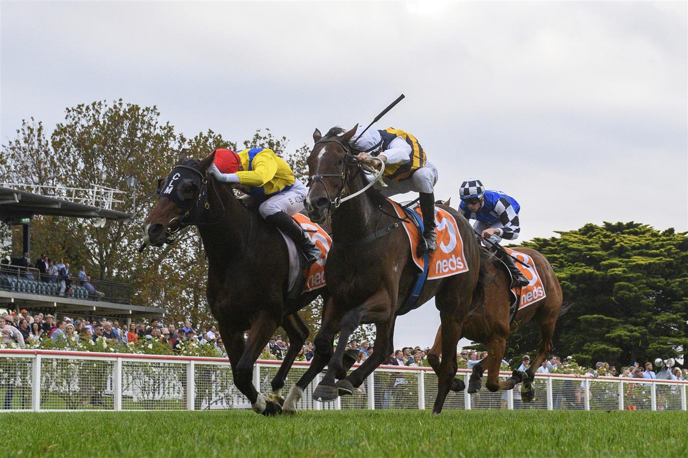 MORNINGTON, AUSTRALIA - APRIL 22: Ben Allen riding Right You Are (L) defeats Blake Shinn riding Hezashocka in Race 8, the Neds Mornington Cup, during Melbourne Racing at Mornington Racecourse on April 22, 2023 in Mornington, Australia. (Photo by Vince Caligiuri/Getty Images)