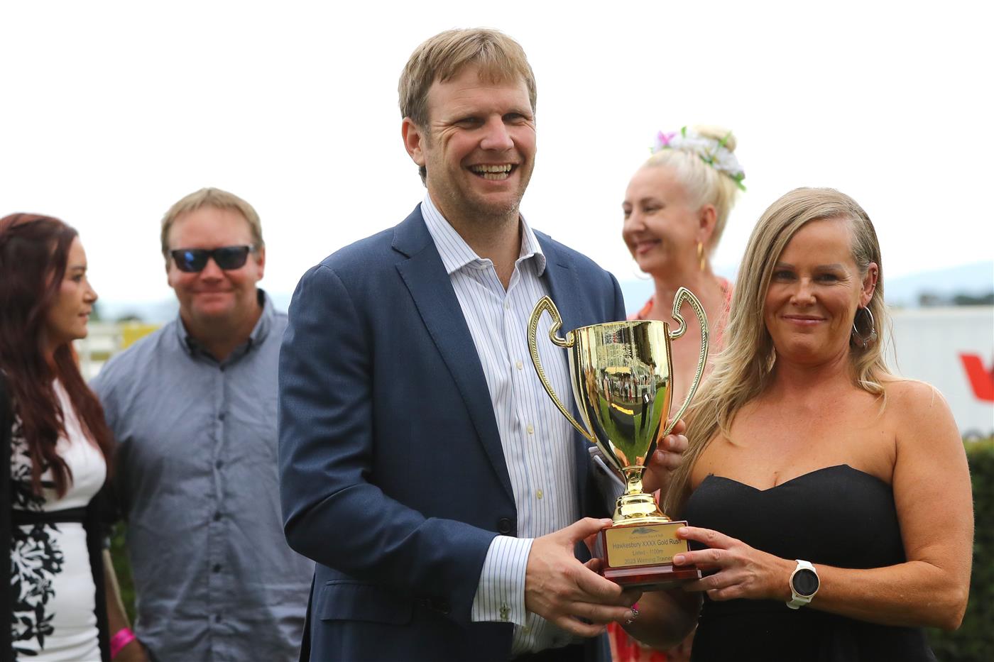 HAWKESBURY, AUSTRALIA - APRIL 22: Trainer Bjorn Baker celebrates as Joshua Parr riding Malkovich wins Race 6 Hawkesbury XXXX Gold Rush  during Hawkesbury Cup Day Sydney Racing at Hawkesbury Racecourse on April 22, 2023 in Hawkesbury, Australia. (Photo by Jeremy Ng/Getty Images)
