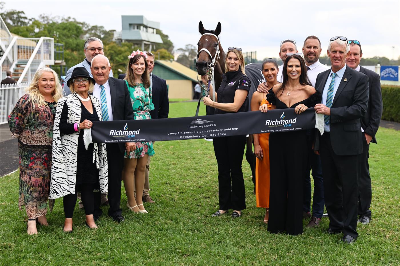 HAWKESBURY, AUSTRALIA - APRIL 22: VIPs and connections celebrate as  James Mcdonald riding New Mandate wins Race 9 Richmond Club Hawkesbury Cup during Hawkesbury Cup Day Sydney Racing at Hawkesbury Racecourse on April 22, 2023 in Hawkesbury, Australia. (Photo by Jeremy Ng/Getty Images)