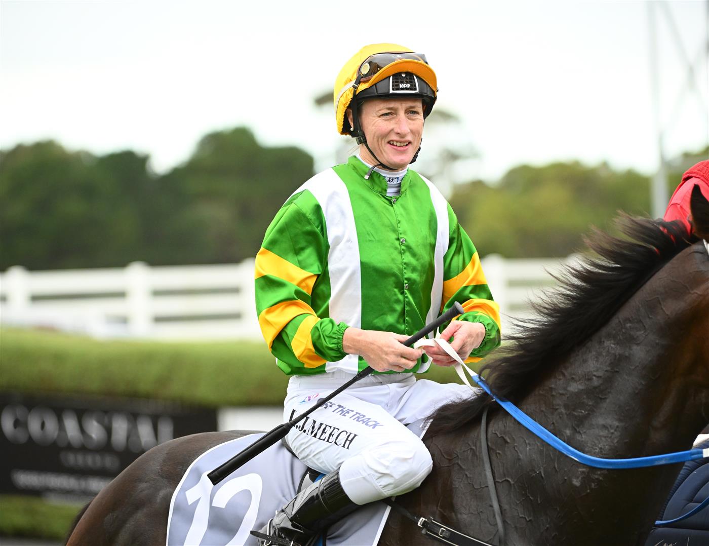 MORNINGTON, AUSTRALIA - APRIL 22: Linda Meech riding Outback Action after winning Race 5, the No Fuss Event Hire Handicap, during Melbourne Racing at Mornington Racecourse on April 22, 2023 in Mornington, Australia. (Photo by Vince Caligiuri/Getty Images)