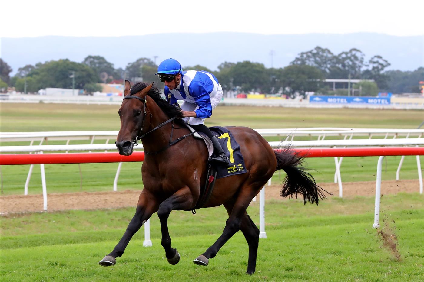 HAWKESBURY, AUSTRALIA - APRIL 22: Nash Rawiller riding Hawaii Five Oh wins Race 7 Blacktown Workers Hawkesbury Guineas during Hawkesbury Cup Day Sydney Racing at Hawkesbury Racecourse on April 22, 2023 in Hawkesbury, Australia. (Photo by Jeremy Ng/Getty Images)