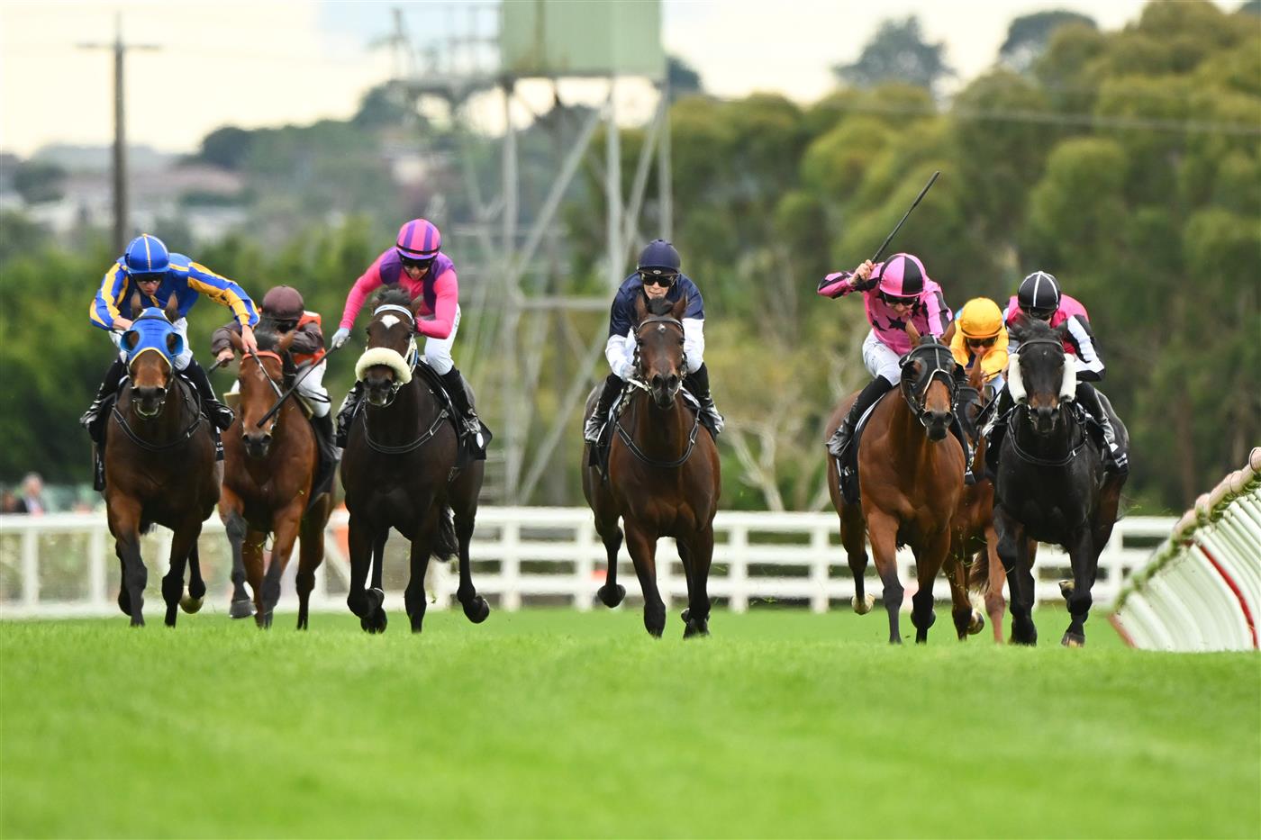 MORNINGTON, AUSTRALIA - APRIL 22: Fred Kersley riding Starring Role (2nd R)  defeats Celine Gaudray riding  Thought Provoking (ctr) in Race 2, the Asset Painting Services Handicap, during Melbourne Racing at Mornington Racecourse on April 22, 2023 in Mornington, Australia. (Photo by Vince Caligiuri/Getty Images)