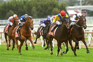 MORNINGTON, AUSTRALIA - APRIL 22: Ben Allen riding Right You Are defeats Blake Shinn riding Hezashocka in Race 8, the Neds Mornington Cup, during Melbourne Racing at Mornington Racecourse on April 22, 2023 in Mornington, Australia. (Photo by Vince Caligiuri/Getty Images)